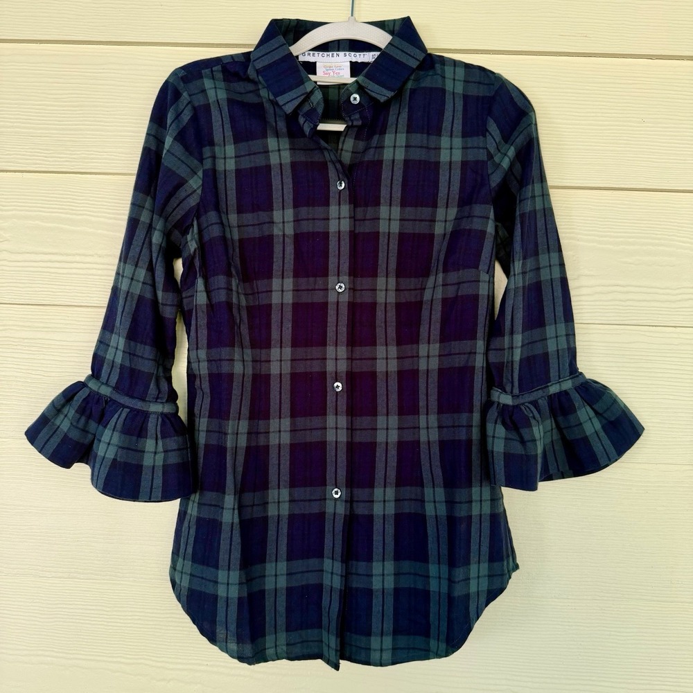 Gretchen Scott Plaid Top XS Tartan Ruffle Sleeve Dark Academia Flannel Holiday